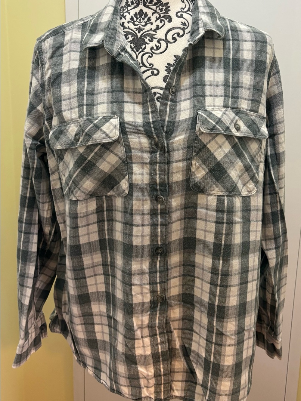 Eddie Bauer Gray and White Plaid Button-Down Flannel Shirt